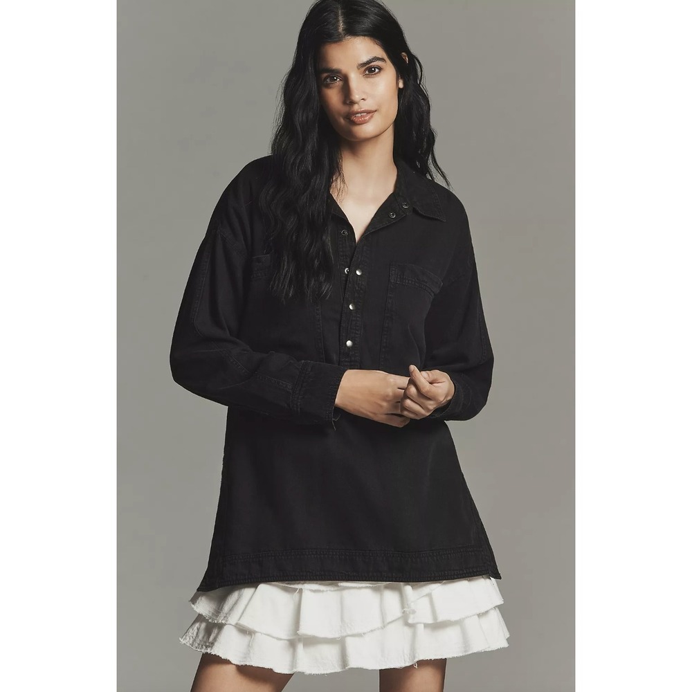 Pilcro Long-Sleeve Oversized Washed Henley Top in Black Wash XL